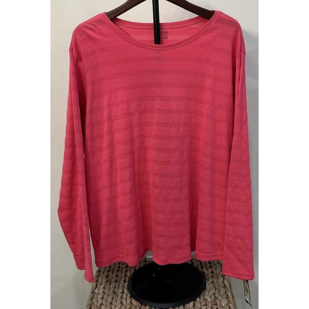 CHEROKEE Women's Everyday T-Shirt Pink Long Sleeve 1X Stretch Pullover Bright